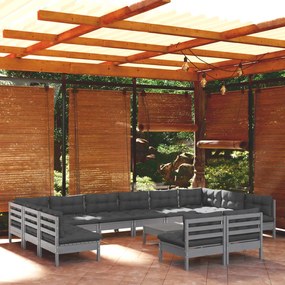 13pcs conjunto lounge de jardim + almofadões pinho maciço cinza