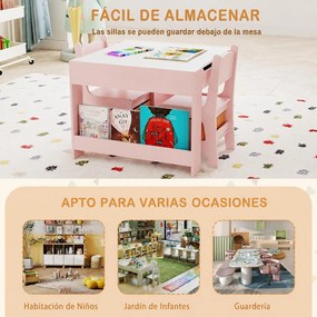 Conjunto de Mesa e 2 Cadeiras Infantis, 61,5 x 61,5 x 48 cm, Quadros de Giz e Branco Reversíveis, Rosa