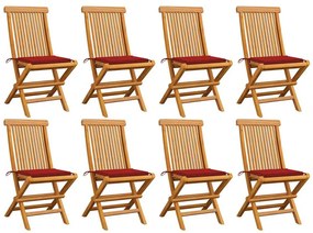 vidaXL Cadeiras de jardim c/ almofadões vermelhos 8 pcs teca maciça