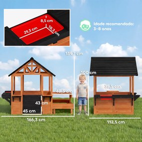 Casa Brincar Exterior e Interior de Madeira com Barra de Snacks e Bancos Mesa Lateral Lavatório Floreiras Castanho Claro
