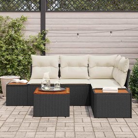 Conjunto de Sofá de Jardim de 5 Peças com Almofadas Pretas em Rattan S