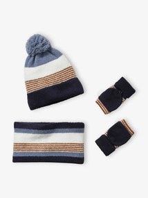 Conjunto às riscas, gorro + gola snood + luvas, para menino azul escuro bicolor/multicolor