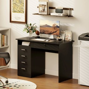 Secretária moderna com 5 gavetas 110 x 50 x 76 cm, tampo amplo, 1 compartimento aberto, gaveta com fechadura, preta