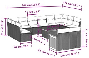 13 pcs conjunto de sofás p/ jardim com almofadões vime PE bege