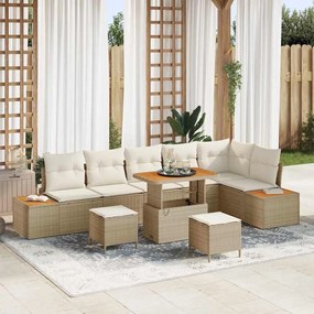 vidaXL Conjunto de sofá de jardim com 9 peças e almofadas bege em rattan sintético e acácia.