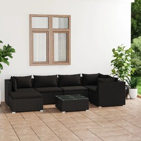 7 pcs conjunto lounge de jardim c/ almofadões vime PE preto