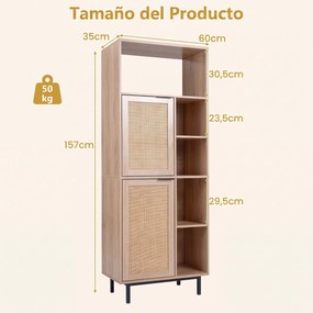 Estante de Arrumação, 60 x 35 x 157 cm, Portas de Vime Entrançado, Natural