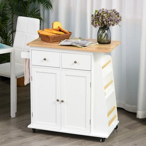 Carrinho de cozinha com ilha, bancada, prateleira para garrafas, suporte para panos de cozinha, 2 gavetas e armário de 2 portas em MDF branco