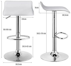 Conjunto de 2 bancos de bar giratórios com altura de balcão ajustável Quadrados em couro PU Rotação de 360° Semi-encosto Brancos