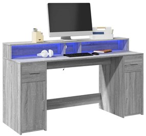 vidaXL Secretária luzes LED 160x55x91cm deriv. madeira cinzento sonoma