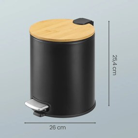 Caixote do lixo para casa de banho de 6 litros, com tampa de bambu, com pedal Preto