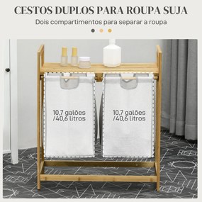 HOMCOM Cesto de Roupa de Bambu Cesto de Roupa Suja com 2 Bolsas Amovív