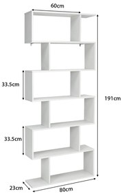 Estante de 6 níveis em S Estante de madeira com dispositivo anti-encandeamento Estante de livros para sala de estar 80 x 23 x 191 cm Branca