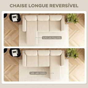 Sofá Chaise Longue Reversível de 3 Lugares Estofado em Veludo Estrutura de Aço Para Salas Pequenas Creme