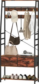 Móvel de entrada 6 em 1: cabideiro, varão para roupa, prateleira, 2 gavetas, 10 ganchos, 80 x 30 x 180 cm, castanho rústico