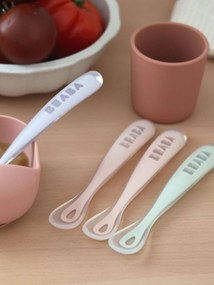 Lote de 4 colheres 1ª idade Montessori, BEABA Soft sem BPA azul claro liso com motivo