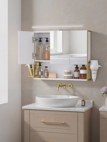 Armário de casa de banho com iluminação LED 14,6 x 70,1 x 70,1 cm branco-dourado