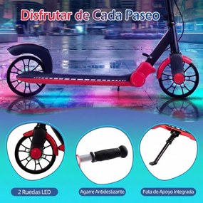 Trotinete dobrável para crianças +6 anos 2 rodas iluminadas com Guiador ajustável em 3 alturas Plataforma antiderrapante Vermelha