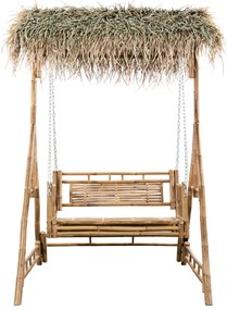 Banco baloiço 2 lug. bambu c/ folhas palmeira e almofadão 202cm