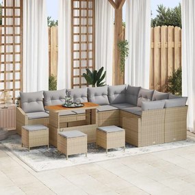 Conjunto de Sofá de Jardim vidaXL 13 Peças com Almofadas Bege Rattan Poliéster Acácia