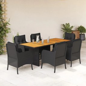 vidaXL 7 pcs conjunto de jantar p/ jardim c/ almofadões vime PE preto