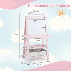 Cavalete infantil de dupla face 3 em 1 com 2 prateleiras 2 caixas e tabuleiro grande 59 x 50 x 117 cm Rosa