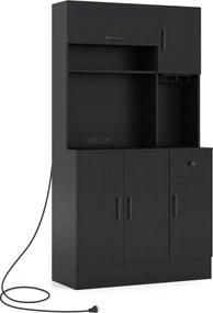 Armário despensa cozinha com 90 x 39 x 167 cm com tomadas elétricas com suporte para copos, gaveta e prateleiras ajustáveis preto