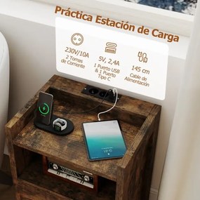 Mesa de cabeceira 45 x 35 x 60 cm com luzes LED e tomadas com 2 gavetas e prateleira aberta castanho