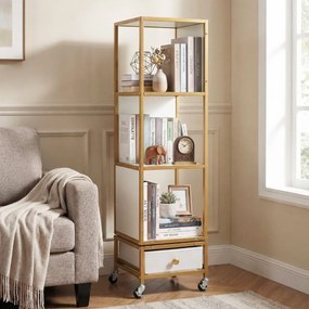 Estante giratória de 4 prateleiras 30 x 30 x 111 cm com rodas de 360°, gaveta estreita removível em tecido e madeira para sala de estar, quarto ou esc