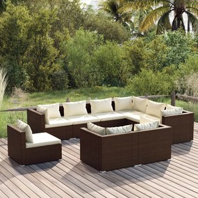 vidaXL 9 pcs conjunto lounge de jardim c/ almofadões vime PE castanho