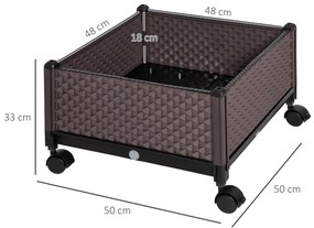 Floreira de Plástico com Rodas Floreira de Jardim com Orifícios de Drenagem para Cultivo de Plantas em Exterior Pátio 50x50x33cm Marrom