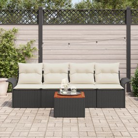 Conjunto de Sofá de Jardim de 5 Peças com Almofadas Preto Rattan PE Ac