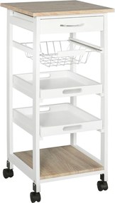Carrinho de serviço de cozinha com rodas, cesto + 2 tabuleiros removíveis, gaveta, prateleira em MDF carvalho claro e pinho branco