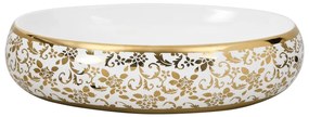 Lavatório de bancada oval 59x40x15 cm cerâmica branco e dourado