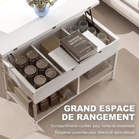 Mesa de centro 98 x 49 x 55 cm elevável e extensível, com compartimento oculto e prateleiras abertas, branca