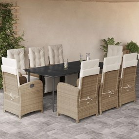 9 pcs conjunto de jantar p/ jardim com almofadões vime PE bege