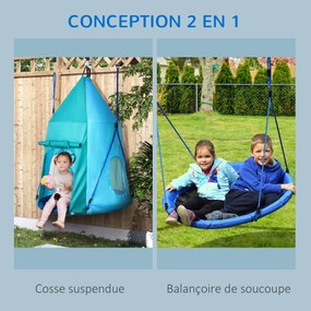 Baloiço em forma de ninho de pássaro com tenda amovível, Ø 100 cm, carga máxima de 150 kg, corda ajustável em altura de 120 a 180 cm, azul