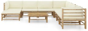 9 pcs conj. lounge p/ jardim em bambu c/ almofadões branco nata