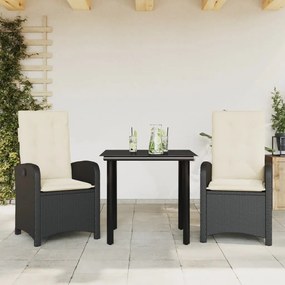 3 pcs conjunto de jantar p/ jardim c/ almofadões vime PE preto