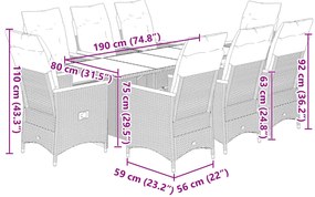9 pcs conjunto bistrô de jardim c/ almofadões vime PE cinzento