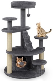 Arranhador para gatos com caverna, bola e escada, cinzento