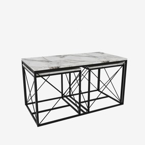 Conjunto de Mesas de Centro Defne – Mármore Branco e Preto – 100x52x50