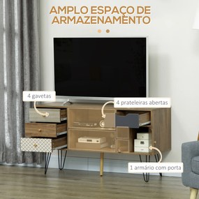 HOMCOM Móvel de TV com Prateleira de Armazenamento 4 Gavetas e Pés de Metal Móvel de TV para Televisores de até 50 Polegadas para Escritório 120x39x64cm Marrom