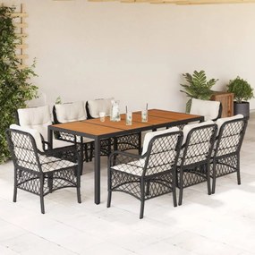 9 pcs conjunto de jantar p/ jardim c/ almofadões vime PE preto