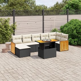 8 pcs conjunto sofás de jardim com almofadões vime PE preto