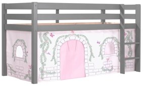 Conjunto Cama alta de Criança PINO 90 x 200 cm + estrado + escada + cortina Pássaro Cinzenta