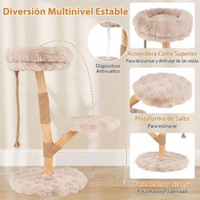 Arranhador para gatos 50 x 90 cm com plataforma central de atividades em madeira maciça, com postes para arranhar em juta natural, natural e bege