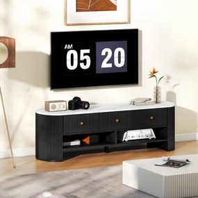 Móvel para TV de 140 cm, móvel para televisor de 65 polegadas com efeito de mármore, 3 gavetas com frentes caneladas e 2 prateleiras pretas