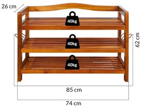 Sapateira em madeira de acácia com 3 prateleiras 85 x 26 x 62 cm Castanho