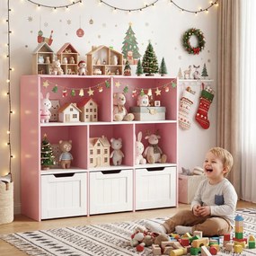 Estante infantil para brinquedos 100 x 33 x 90 cm com 5 compartimentos abertos e 3 gavetas móveis – Organizador de brinquedos com rodas para sala de j